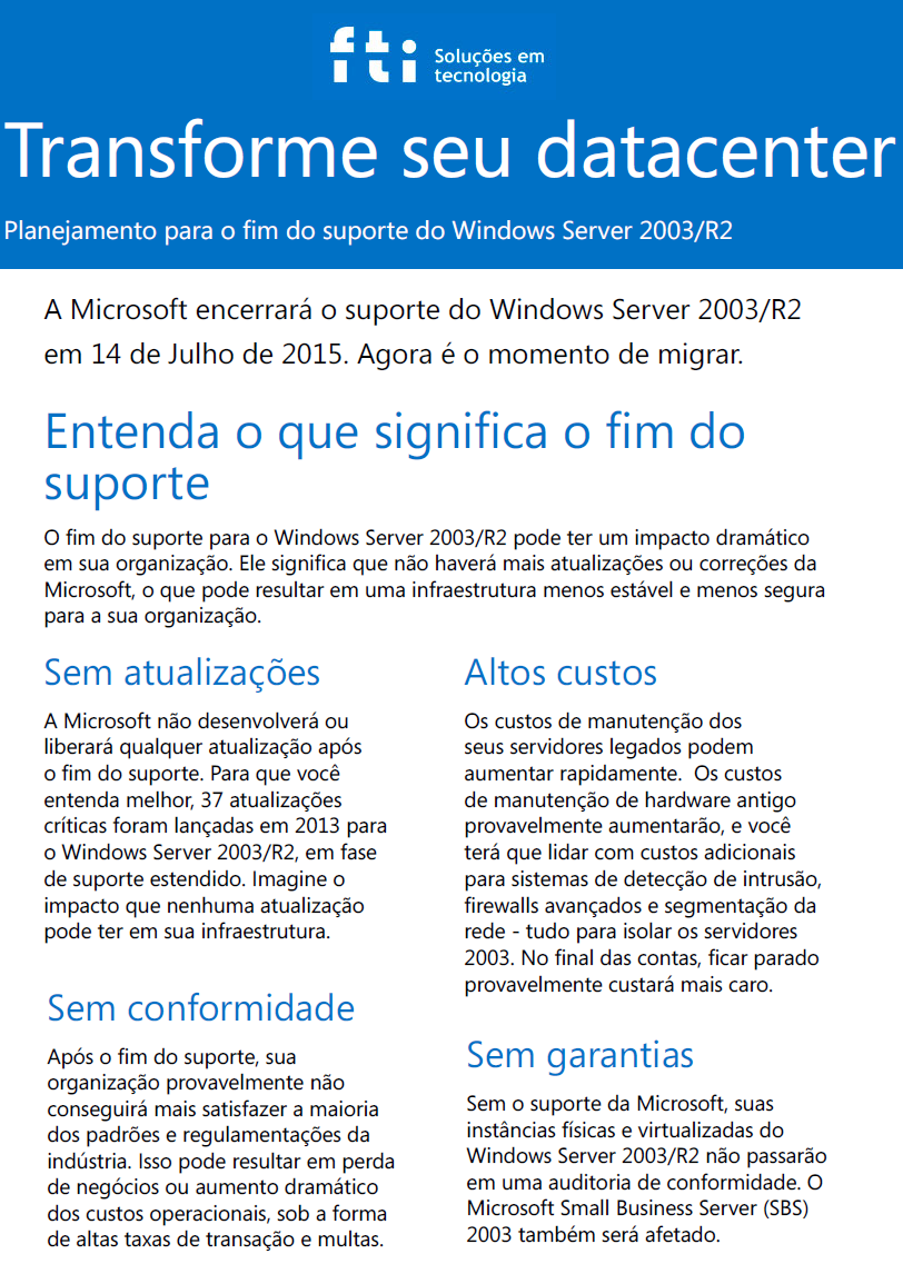 Fim do suporte para o Windows Server 2003